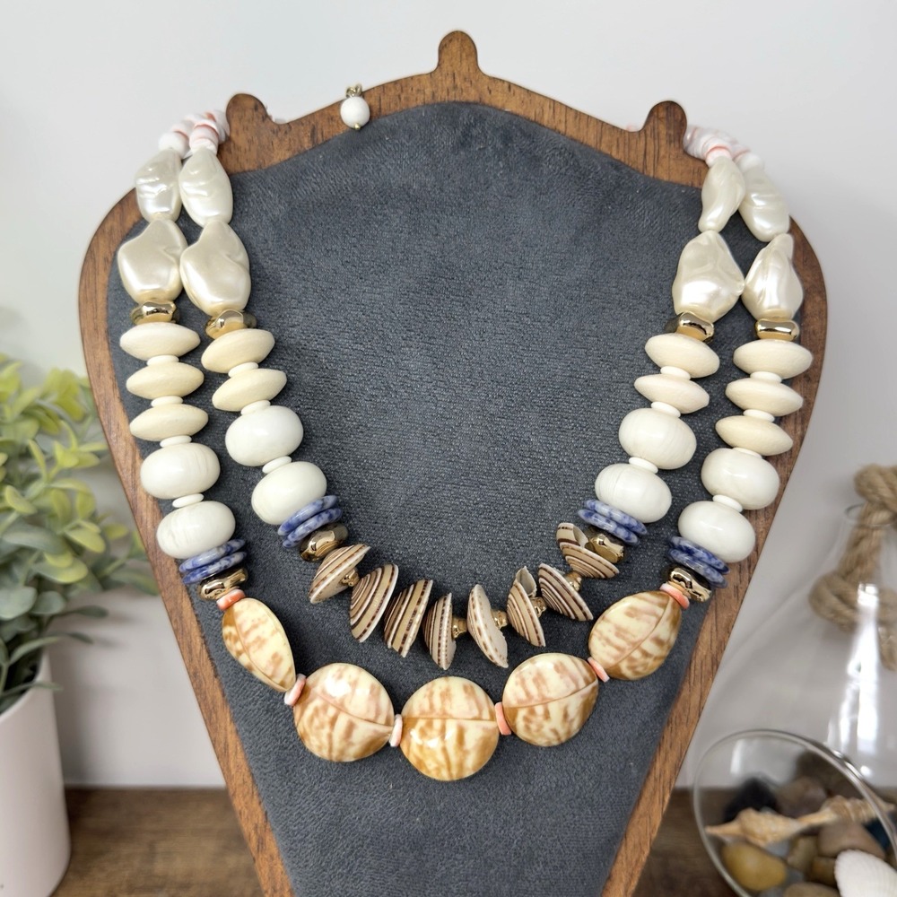Chico's Genuine Seashell & Sodalite Double Strand Statement Necklace Beachy